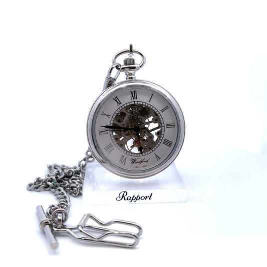 Stainless Steel Open Skeleton Pocket Watch and Chain