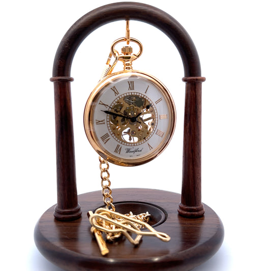 Yellow Gold Plated Open Skeleton Pocket Watch and Chain