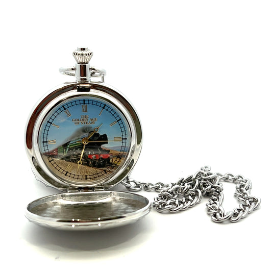 Railway Mans Chrome Plated Mechanical Pocket Watch and Chain