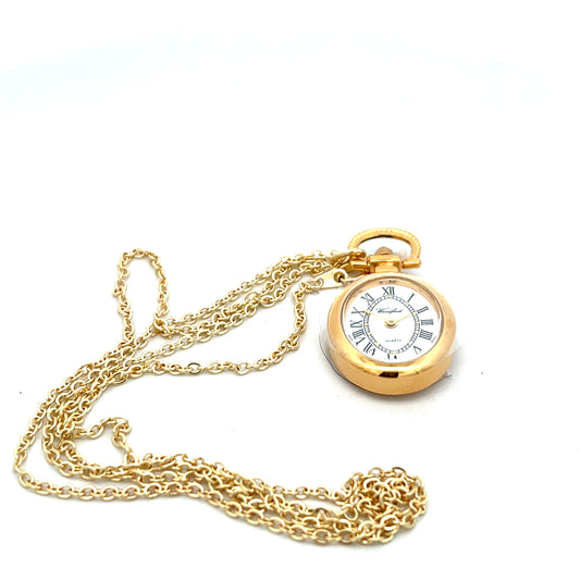 Gold Plated Oval Quartz Pendant Watch and 28" Chain
