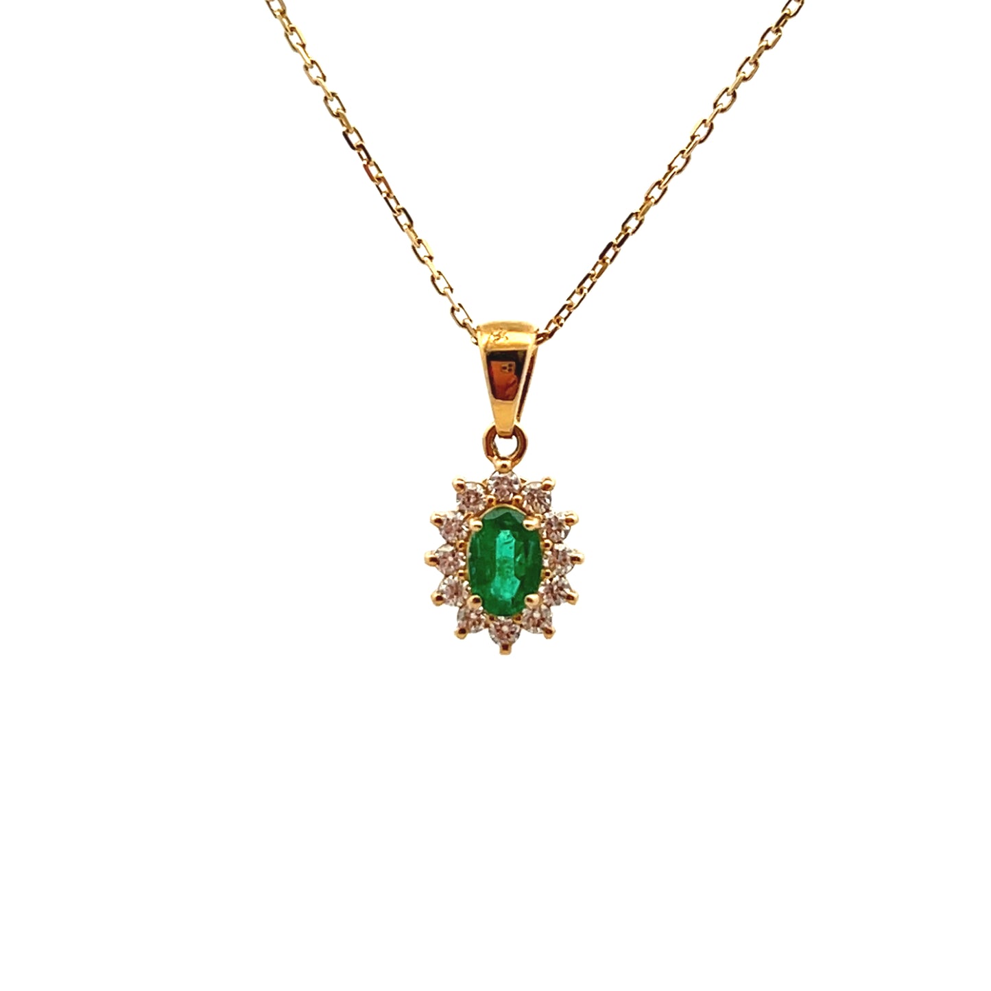 18ct Yellow Gold Oval Emerald and Diamond Cluster Pendant