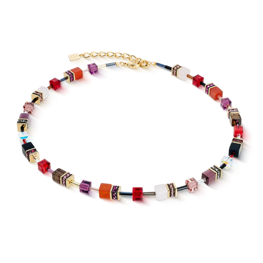 Coeur De Lion Geo Cube Iconic Precious Shades Red Cubes Yellow Gold Plated Necklace