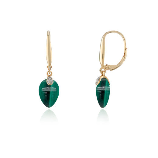 9ct Yellow Gold Safety Wires Malachite And Diamond Drop Earrings