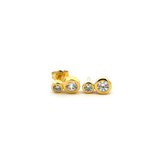 Yellow Gold Plated Double Cubic Zirconia Bezel Set Stud Earrings
