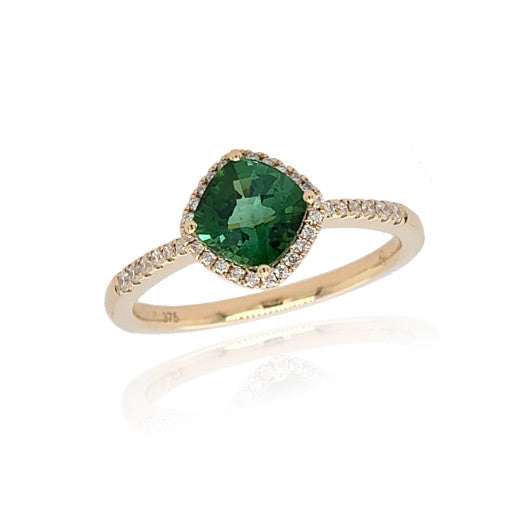 9ct Yellow Gold Diamond and Green Tourmaline Ring