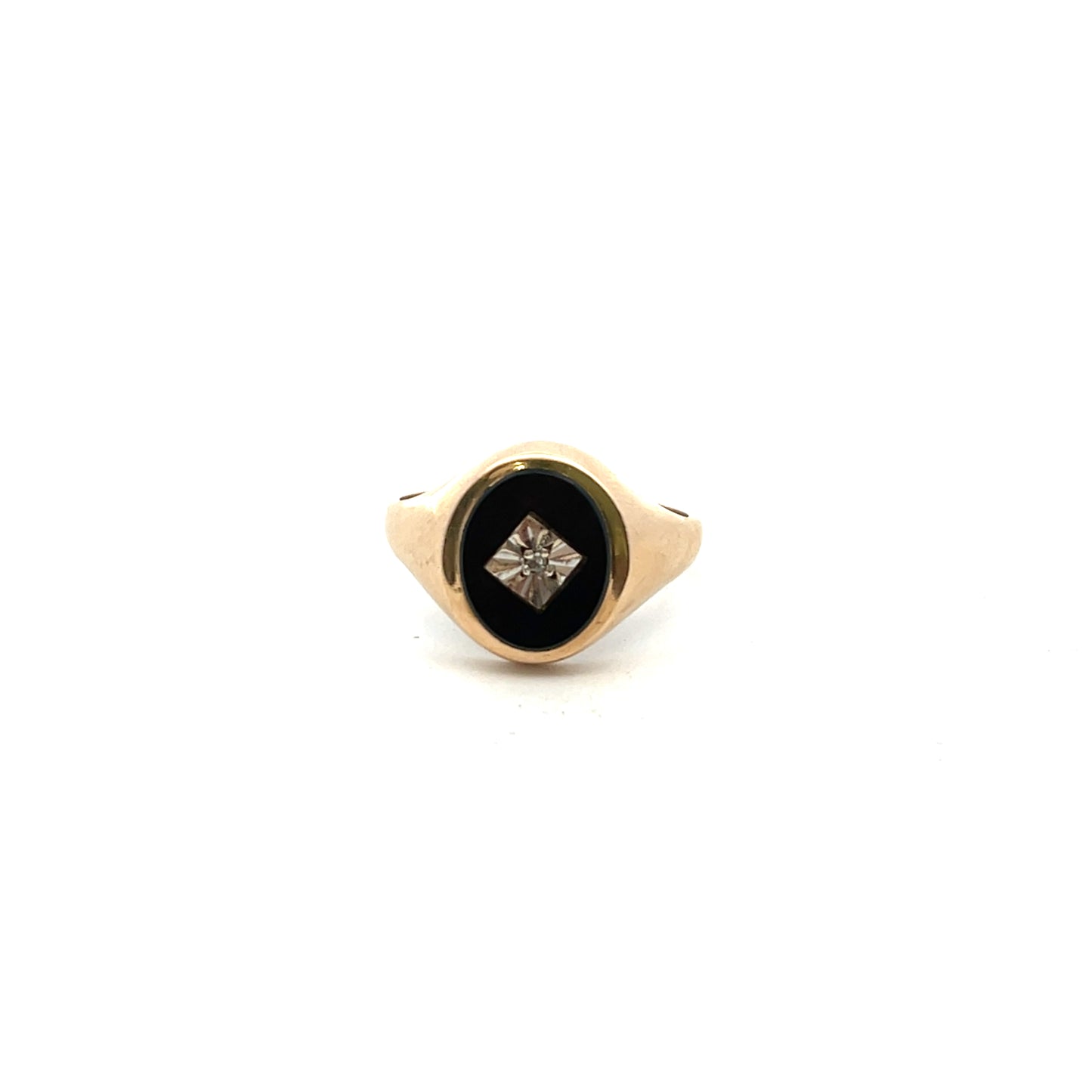 Pre-Owned 9ct Gold Oval Black Onyx And Diamond Signet Ring Size R