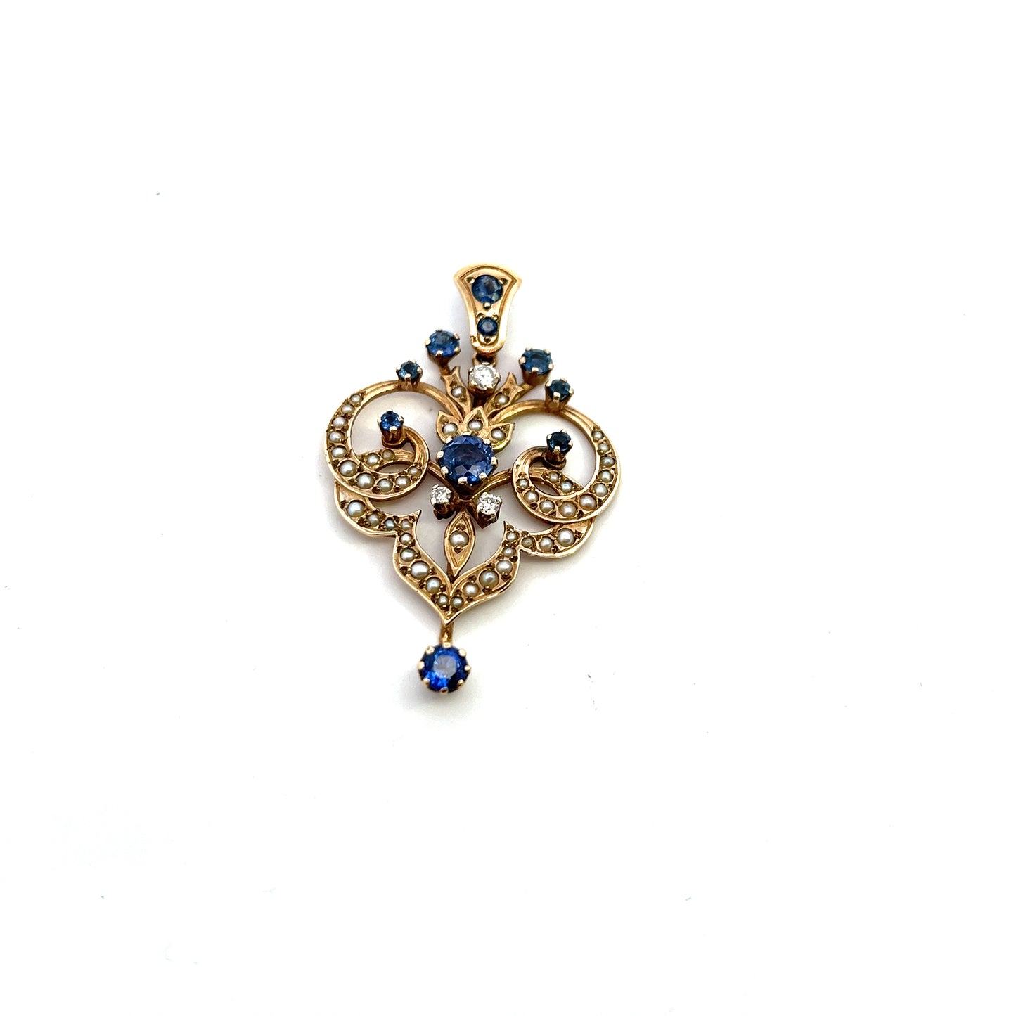 Pre Owned 9ct Gold Sapphire Diamond And Half Seed Pearl Pendant