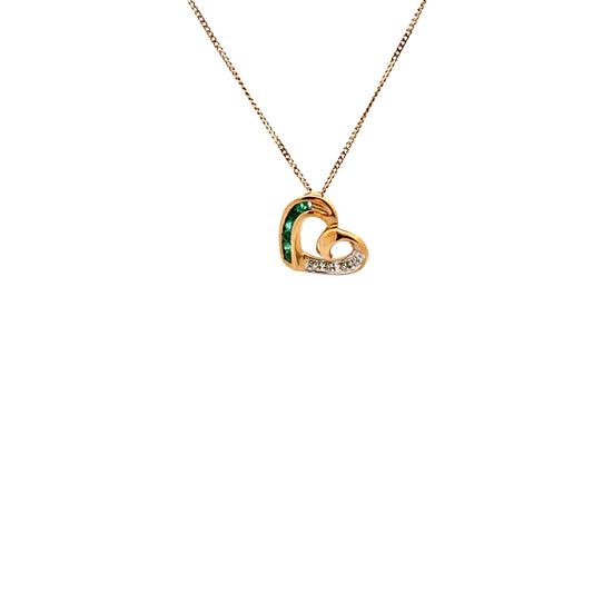 Pre Owned 9ct Gold Emerald And Diamond Heart Necklace