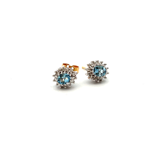 Pre-Owned 18ct Gold Aquamarine and Diamond Cluster Stud Earrings