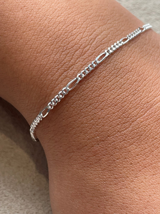 Sterling Silver Diamond Cut Figaro Permanent Bracelet 21cm