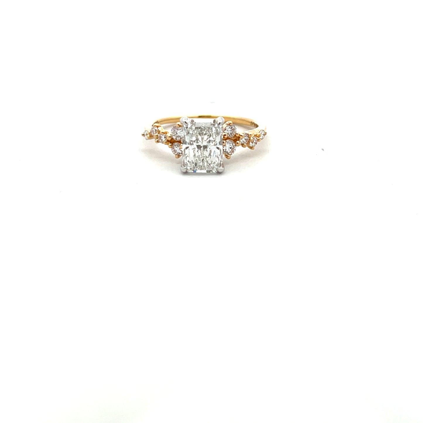 18ct Yellow Gold Laboratory Grown Diamond Radiant Cut, Hidden Halo and Scatter Shoulder Ring Size M