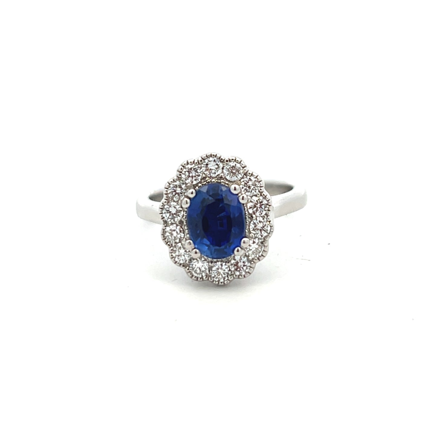 Platinum Laboratory Grown Oval Sapphire and Laboratory Grown Diamond Cluster Ring Size M
