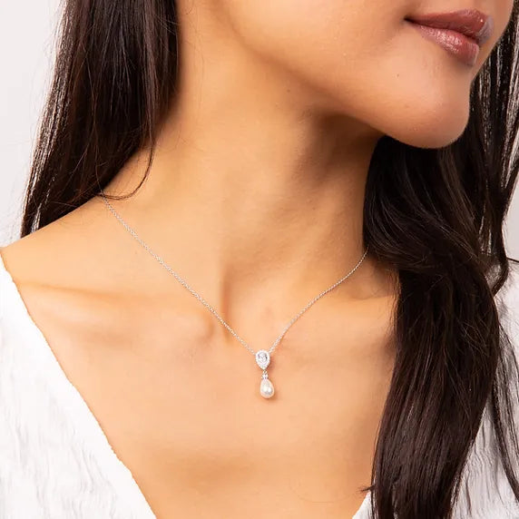 Diamonfire Sterling Silver Teardrop Cubic Zirconia & Shell Pearl Drop Necklace