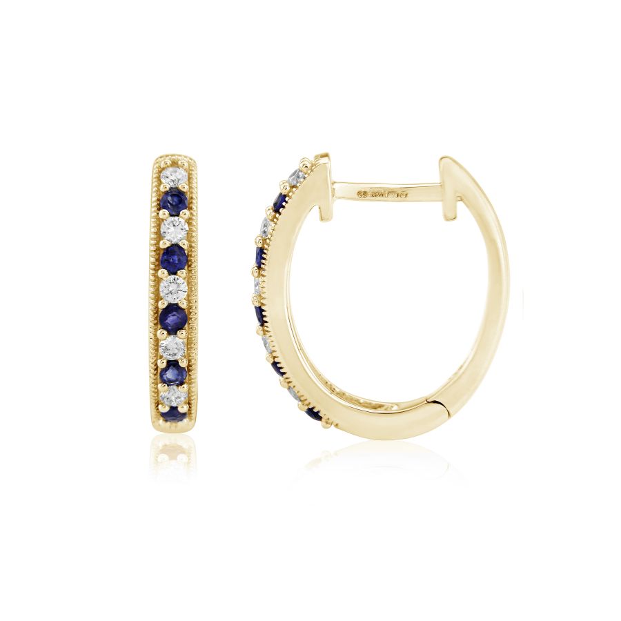 9ct Yellow Gold Sapphire and Diamond Oval Hoop Earrings