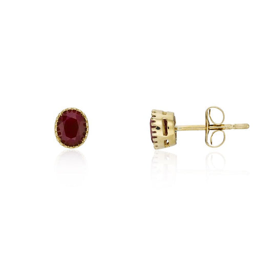 9ct Yellow Gold Oval Ruby Bead Edge Stud Earrings
