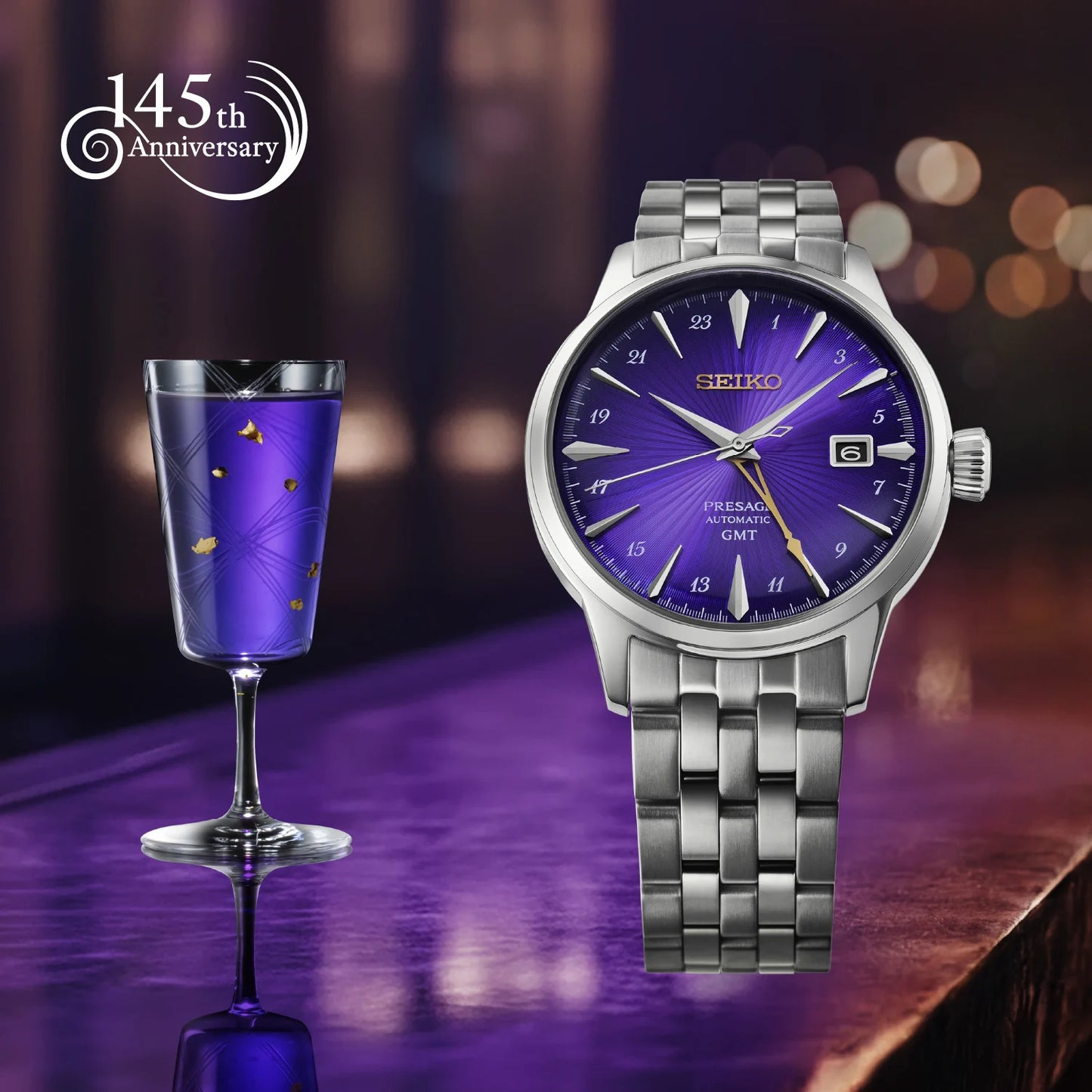 Seiko 145th Anniversary Presage Cocktail Time GMT Limited Edition Watch in Edo Purple HCB006J1