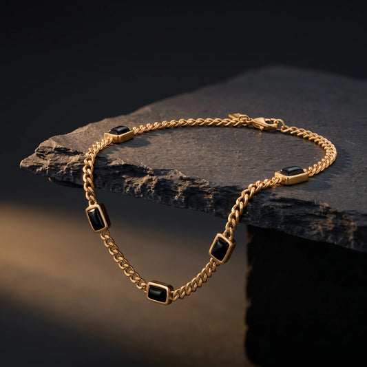 Steel & Barnett Black Onyx Gemstone Station Bracelet In 18ct Yellow Gold Plating Medium-Large