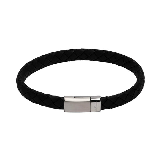 Unique & Co Stainless Steel Black Leather Plait Bracelet 23cm