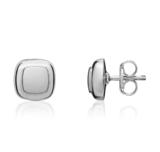 9ct White Gold Hollow Cushion Satin Centre Polish Edge Stud Earrings