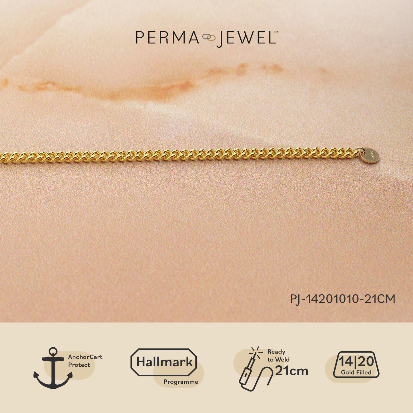 Yellow Gold Filled 2.3mm Curb Permanent Bracelet 21cm