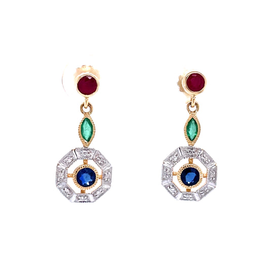 9ct Yellow Gold Sapphire Ruby Emerald And Diamond Drop Earrings