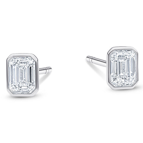 9ct White Gold Laboratory Grown 2.04ct Emerald Cut Bezel Set Stud Earrings