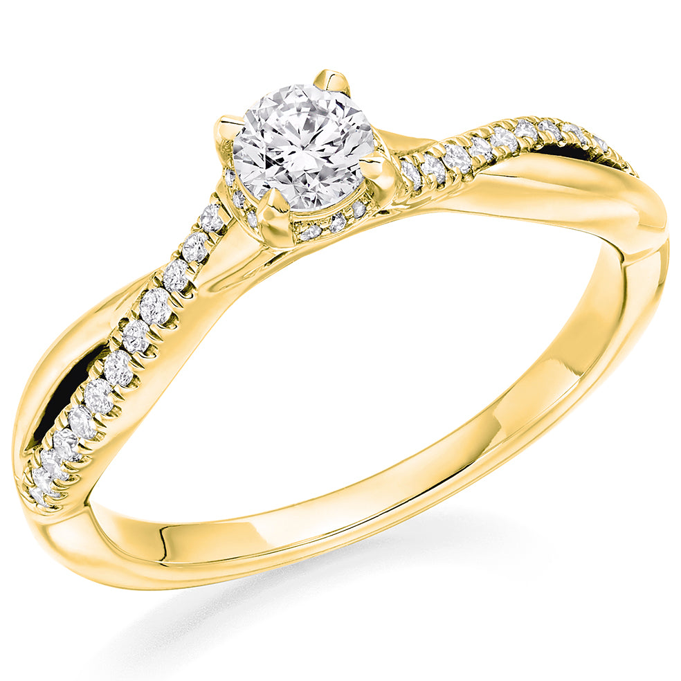 9ct Yellow Gold Brilliant Cut Diamond Ring with Twisted Diamond Shoulders