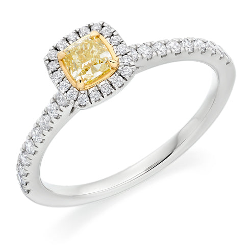 Platinum Yellow Diamond Halo Ring with Diamond Shoulders