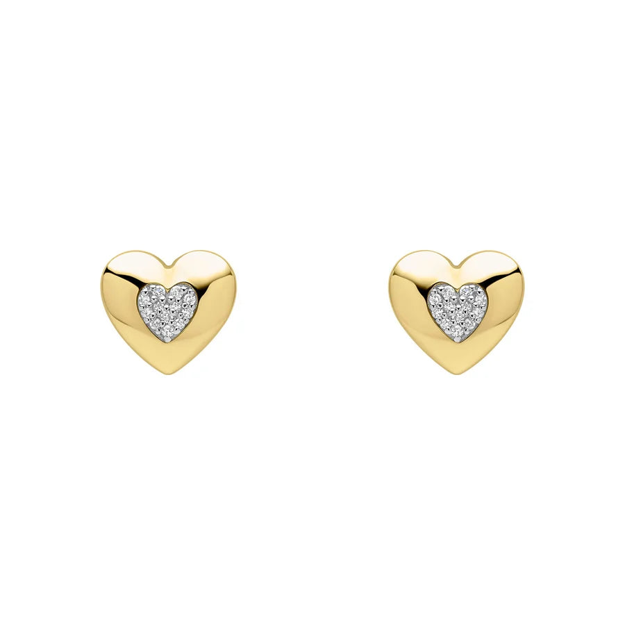 9ct Yellow Gold Pave Diamond Polish Heart Stud Earrings