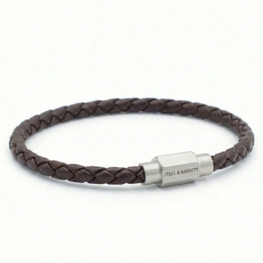 Steel & Barnett Thin Braided Brown Men’s Leather Bracelet Small