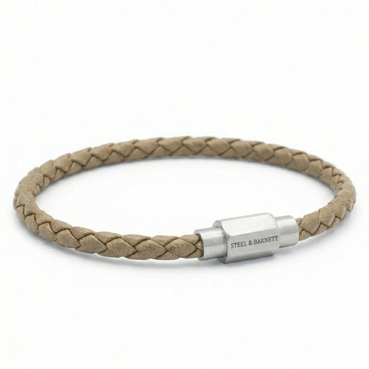 Steel & Barnett Thin Braided Ecru Men’s Leather Bracelet Medium