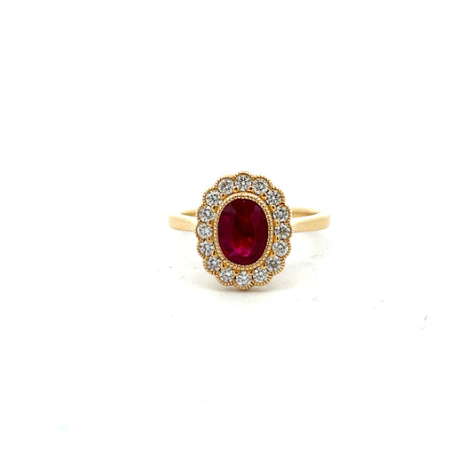 18ct Gold Oval Ruby And Diamond Millegrain Set Cluster Ring Size M