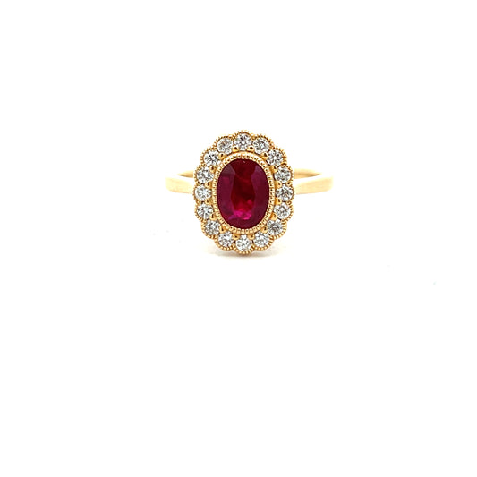 18ct Gold Oval Ruby And Diamond Millegrain Set Cluster Ring Size M