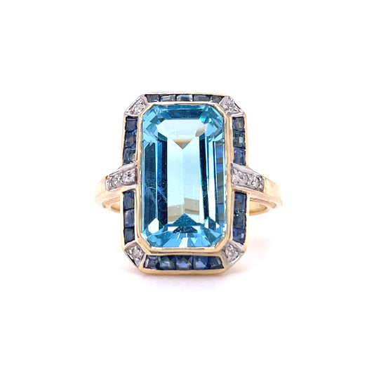 9ct Yellow Gold Art Deco Style Blue Topaz Sapphire And Diamond Ring