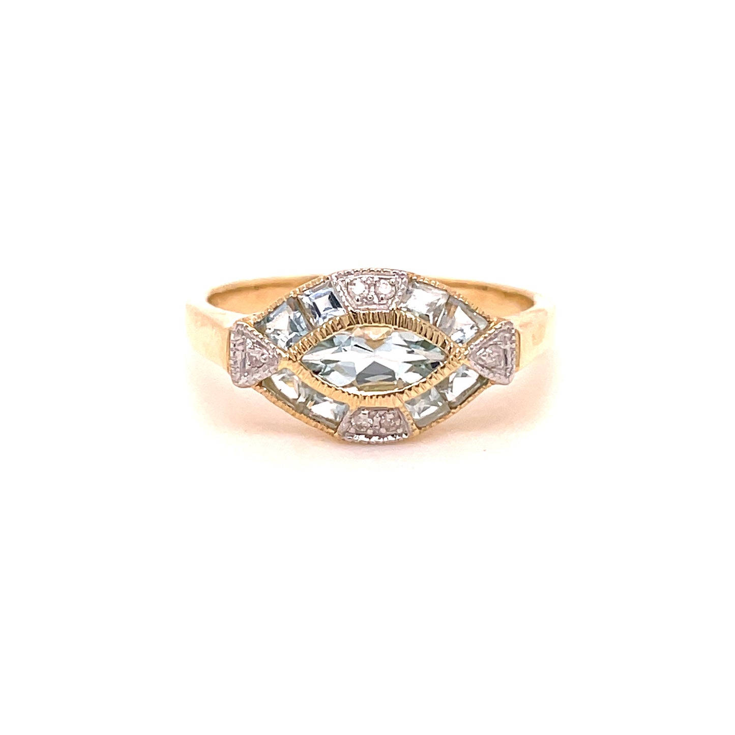 9ct Yellow Gold Art Deco Style Aquamarine And Diamond Ring