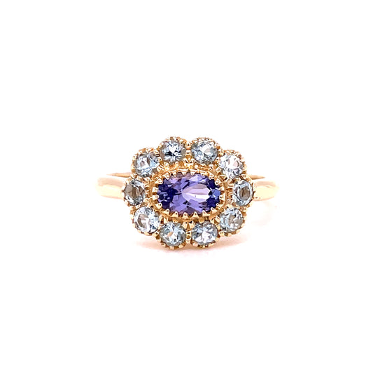 9ct Yellow Gold Tanzanite And Aquamarine Oval Cluster Ring