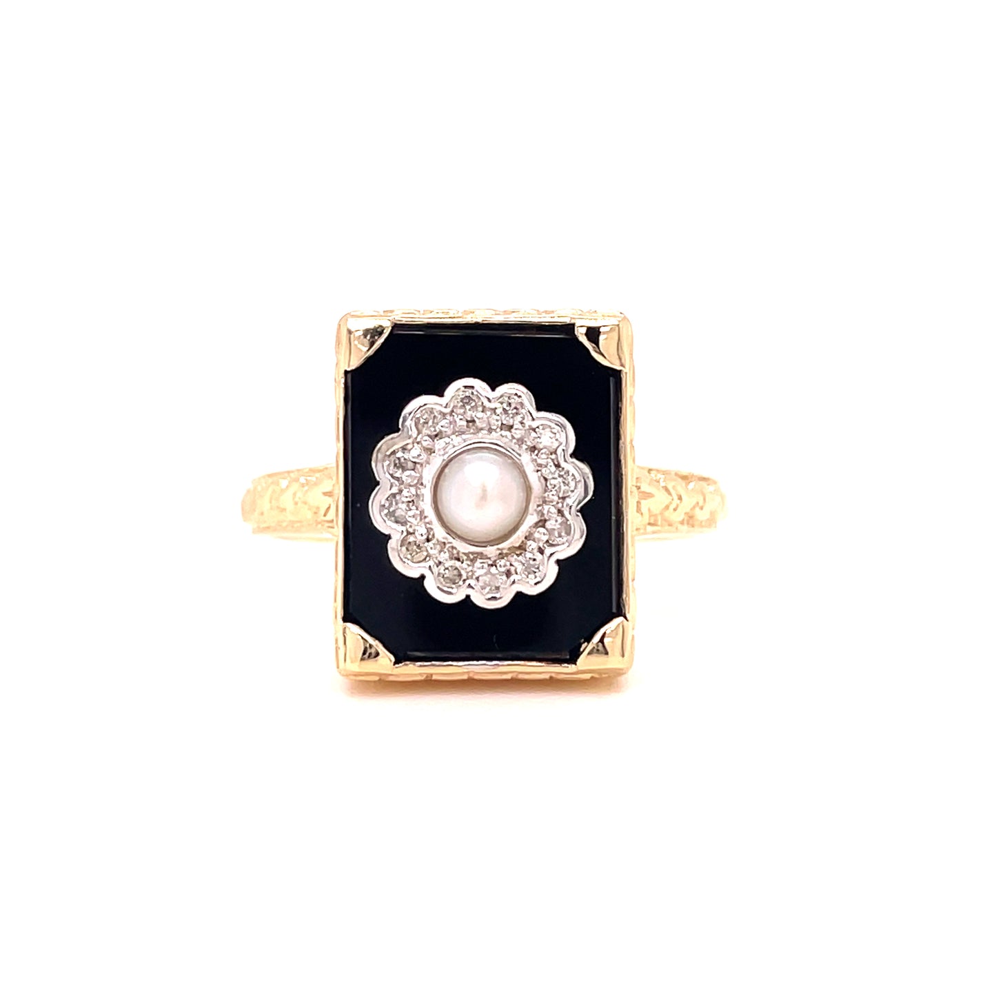 9ct Gold Onyx Pearl And Diamond Reproduction Style Ring