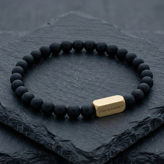 Steel & Barnett 6mm Onyx Beads Stretch Yellow Gold Plated Stainless Steel Bracelet Small