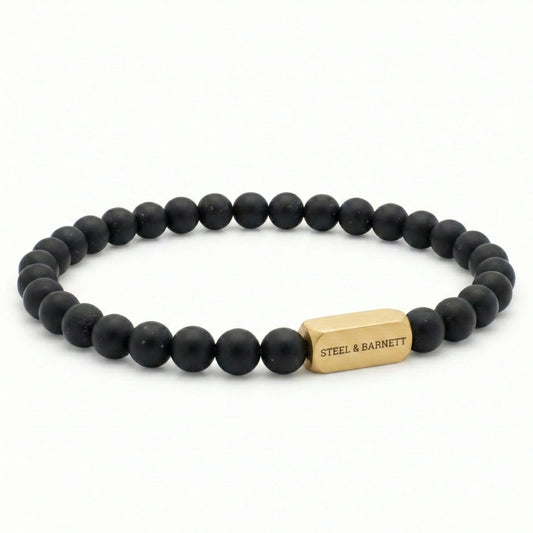 Steel & Barnett 6mm Onyx Beads Stretch Yellow Gold Plated Stainless Steel Bracelet Small