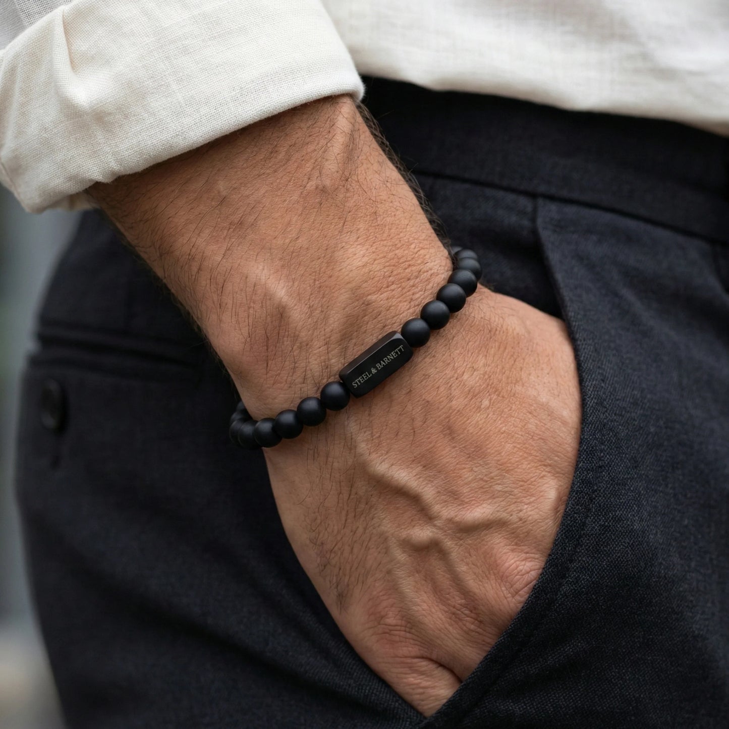 Steel & Barnett Black Edition 6mm Onyx Bead Stretch Bracelet Medium