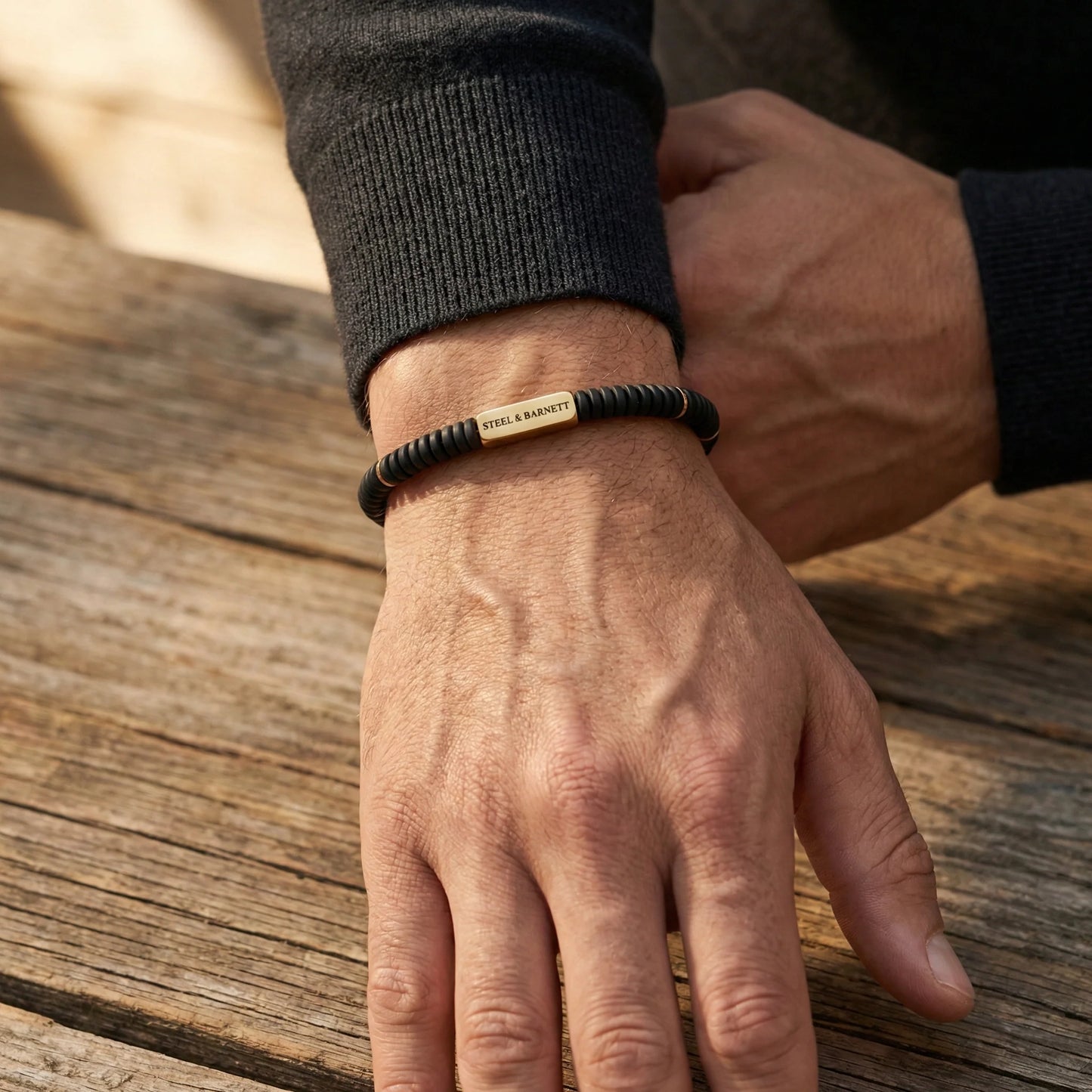 Steel & Barnett Two Tone Matte Black Onyx Gemstone Stretch Disc Bracelet with Plated 18ct Gold Medium