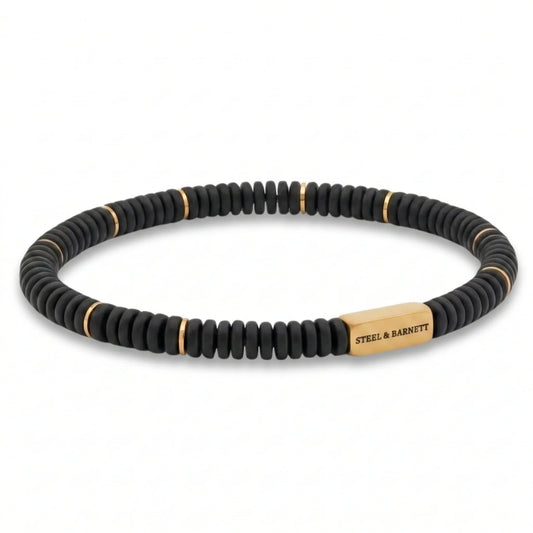 Steel & Barnett Two Tone Matte Black Onyx Gemstone Stretch Disc Bracelet with Plated 18ct Gold Medium