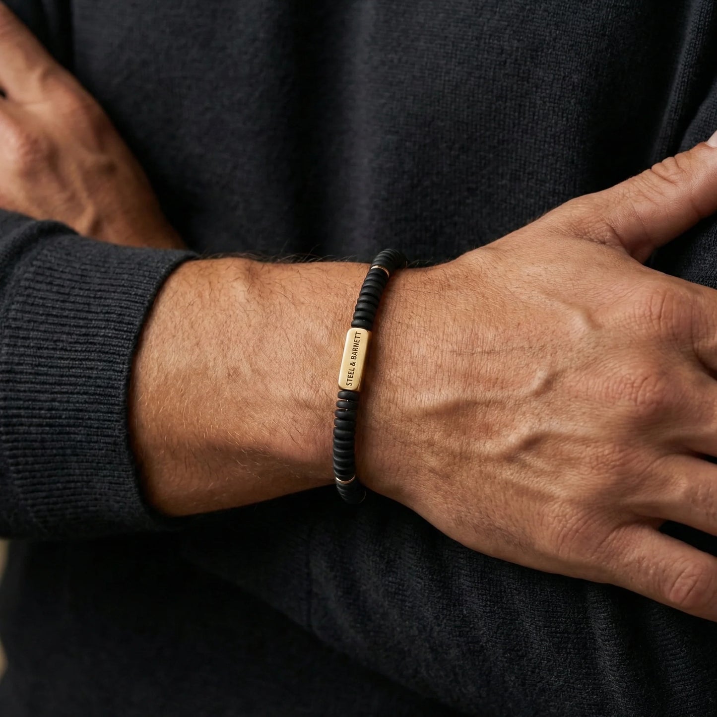 Steel & Barnett Two Tone Matte Black Onyx Gemstone Stretch Disc Bracelet with Plated 18ct Gold Medium