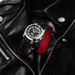 Seiko Watch with black and red strap on a black leather jacket