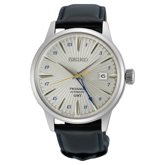 Seiko Presage watch with black leather strap on a white background. SSK049J1