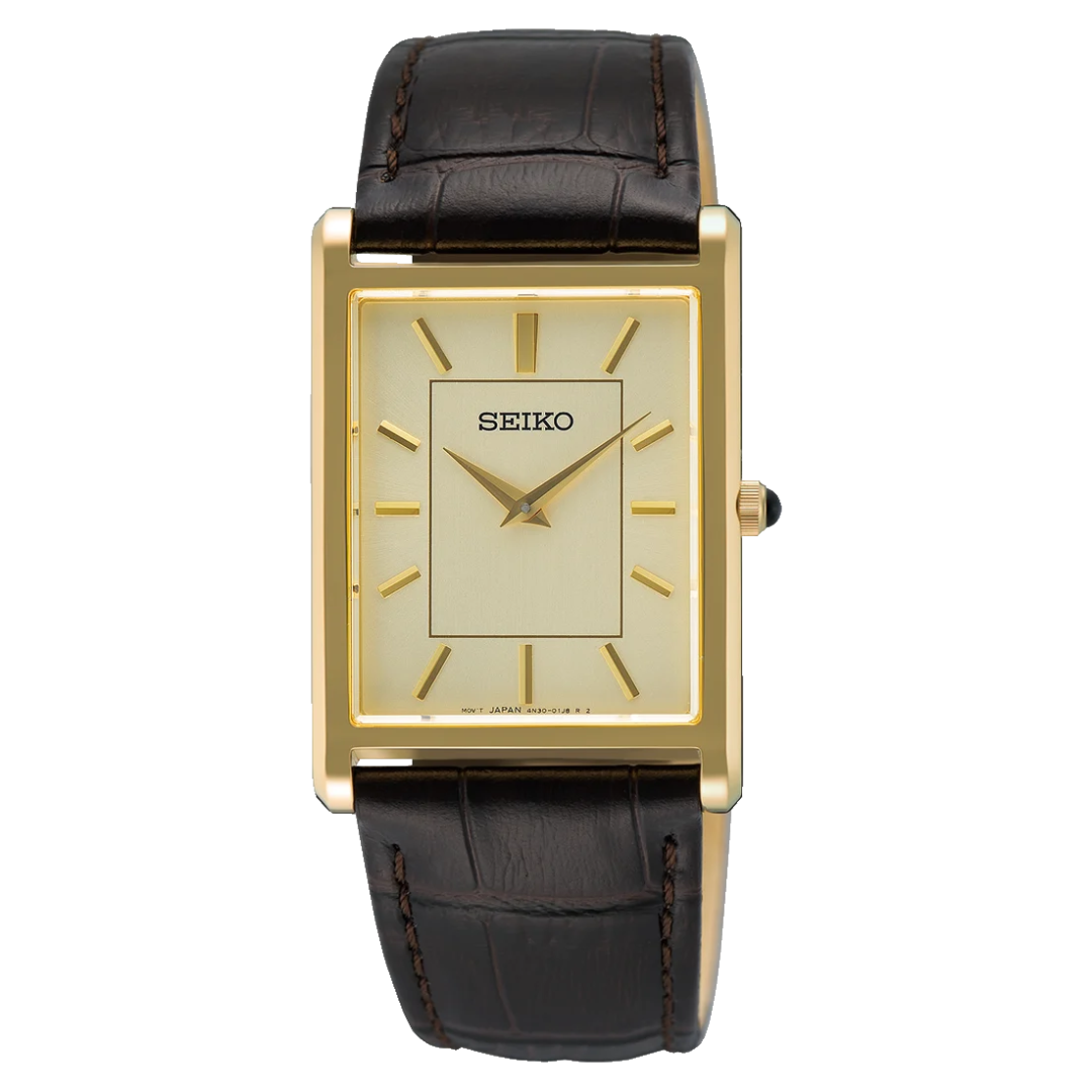Seiko Classic Quartz Watch with Gold Tone Dial and Leather Strap SWR106P1