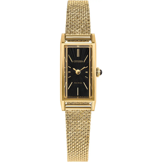 Citizen Gold Tone Fio Stainless Steel Black Dial Mesh Bracelet Watch EG7128-59E