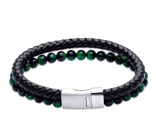 Unique & Co Black Leather & Green Beaded Bracelet 21cm