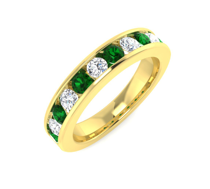 18ct Yellow Gold Emerald and Diamond Channel Set Half Eternity Ring