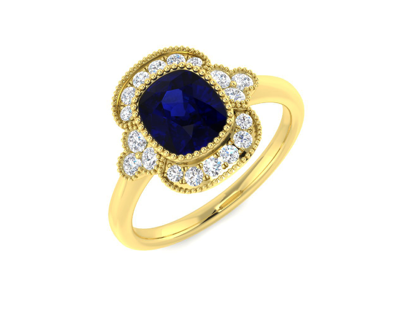 9ct Yellow Gold Sapphire and Diamond Vintage Style Cluster Ring